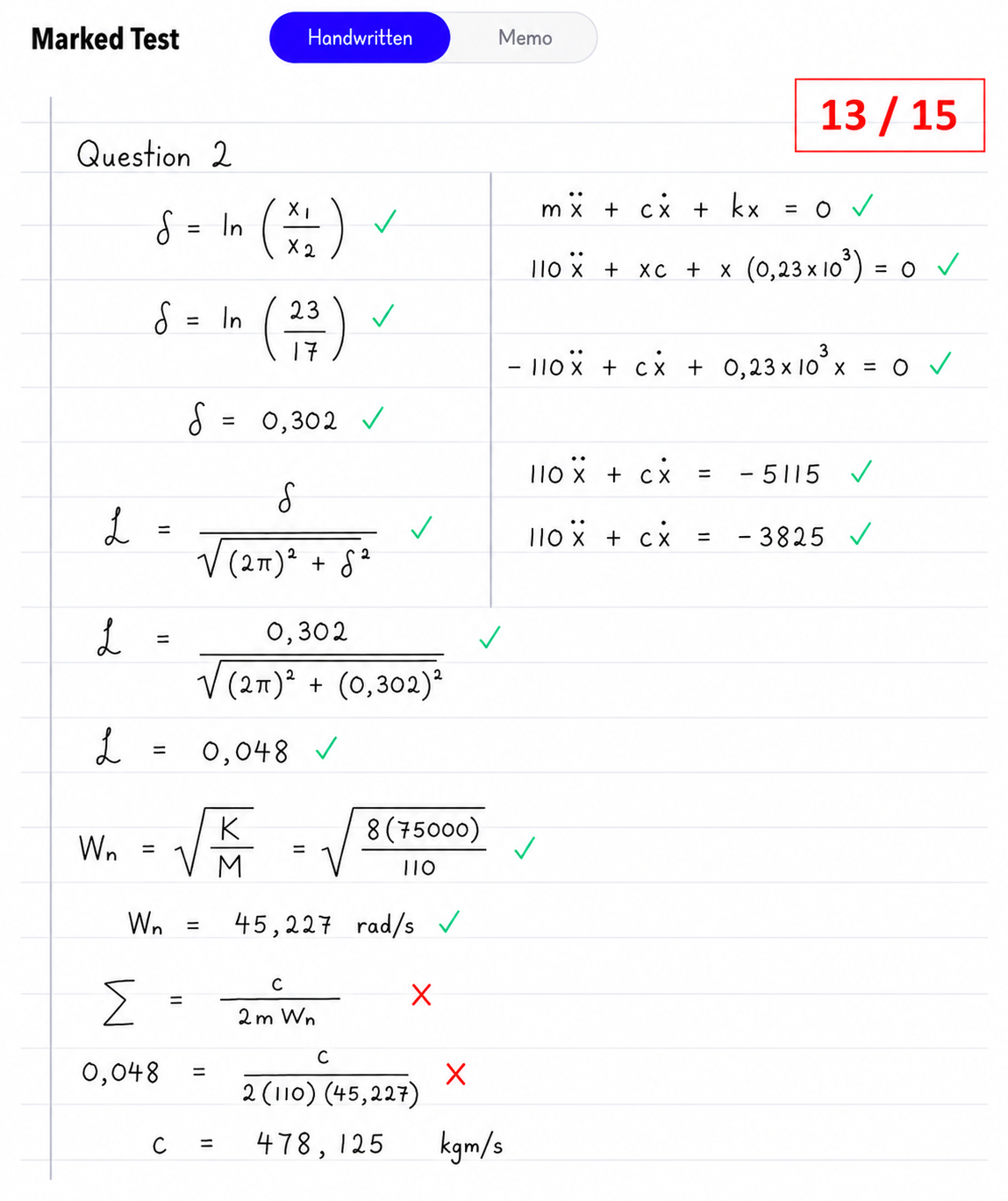 Marked test preview showing AI checkmarks and a 13 out of 15 score on a handwritten exam script